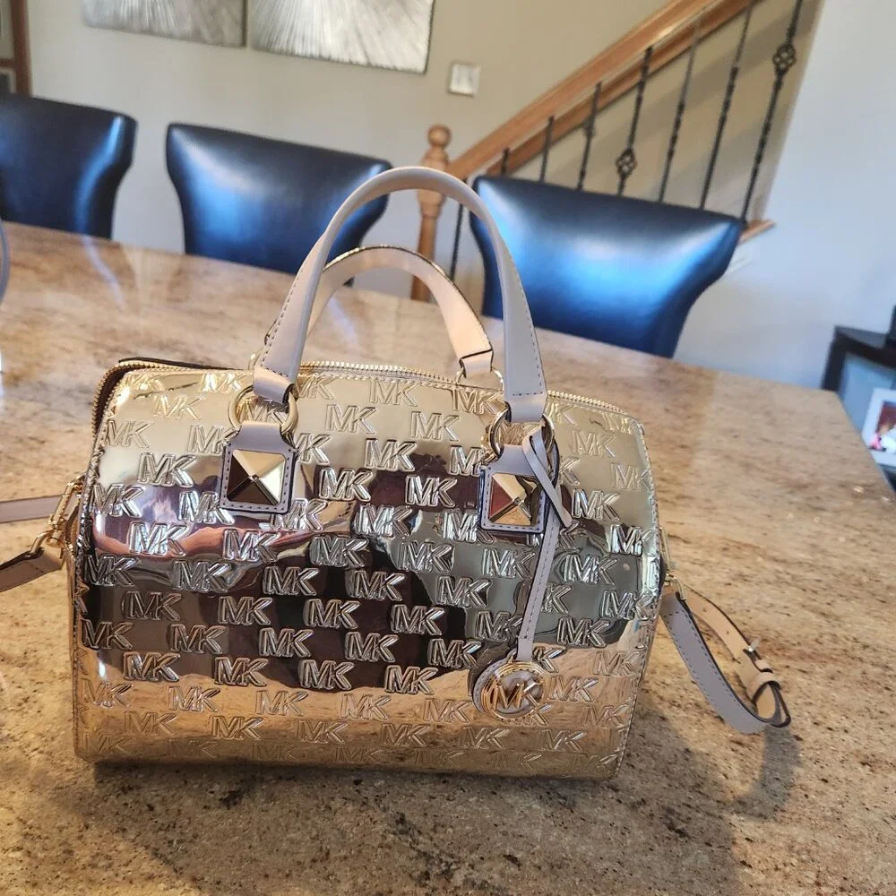 Michael Kors Gold Embossed MK Gold Metallic-Finish Grayson Satchel - Picture 2 of 16